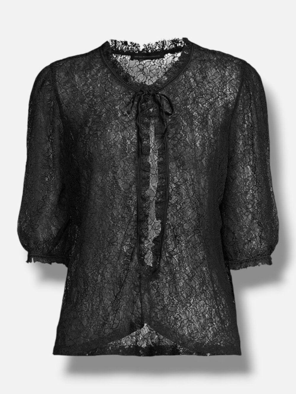 Kiki De Montparnasse Women's Black Silk Semi-Sheer Lace Tie-Neck Top Size S